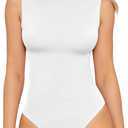 MANGOPOP Women's Mock Turtle Neck Sleeveless Long Sleeve Tops Bodysuit Jumpsuit (Medium, 02 White)
