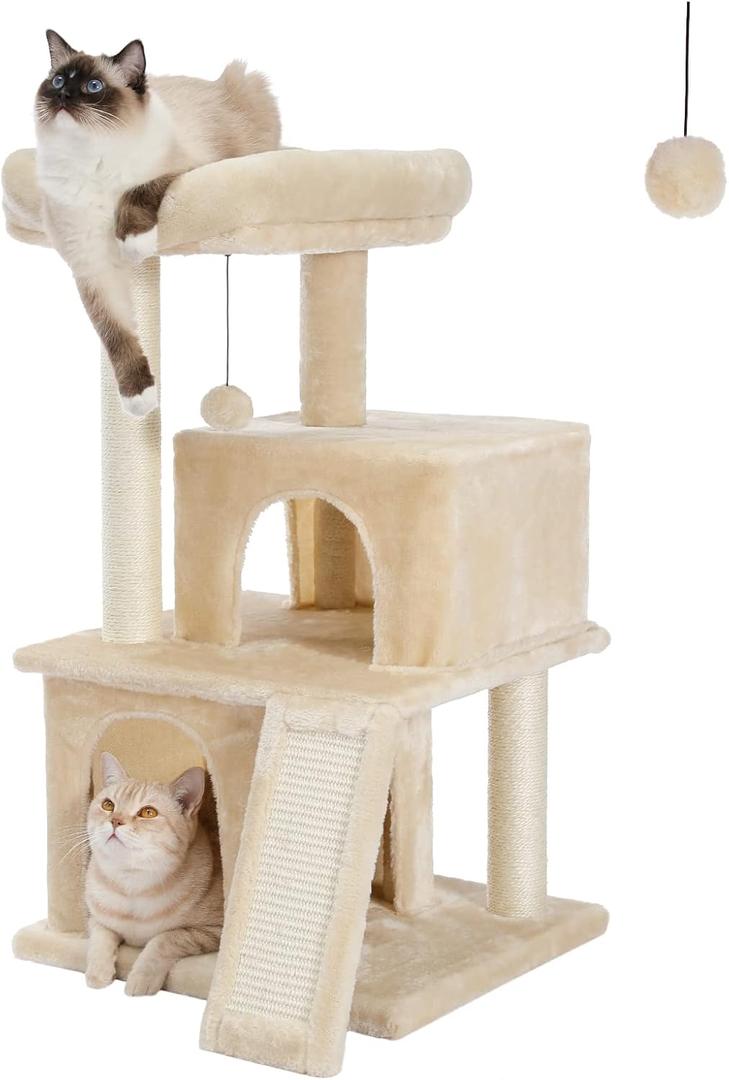 PAWZ Road Cat Tree Luxury Cat Tower with Double Condos, Spacious Perch, Fully Wrapped Scratching Sisal Posts and Replaceable Dangling Balls Beige (34 Inches, Beige)
