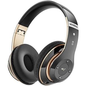 Bluetooth Headphones Over Ear, 6S Wireless Headphones Wired with 6 EQ Modes, 40 Hours Playtime Foldable HiFi Stereo Headset with Microphone, FM/TF for Cellphone/PC/Work (Black & Gold)