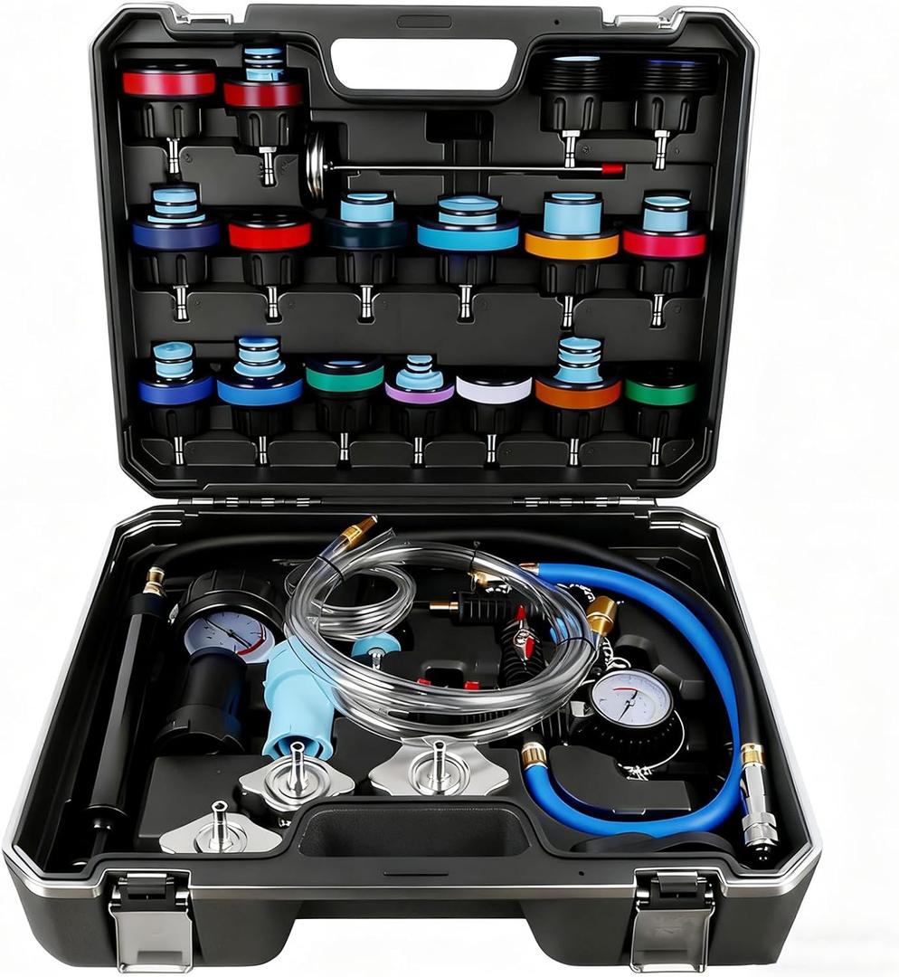 32pcs Universal Radiator Pressure Tester Kit, Tester Pneumatic Vacuum Cooling System Purge Refill Leak/Refiller Set, Universal Automotive Domestic/Import Vehicles, Motorcycle