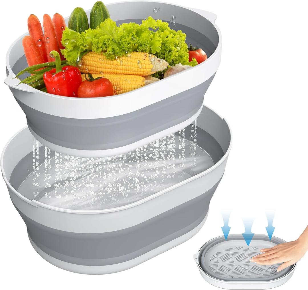 2 in 1 Collapsible Sink Basin - 5.3 QT Foldable Fruit Washing Bowl with Strainer - Silicone Collapsible Colander for Kitchen Organization RV Camping
