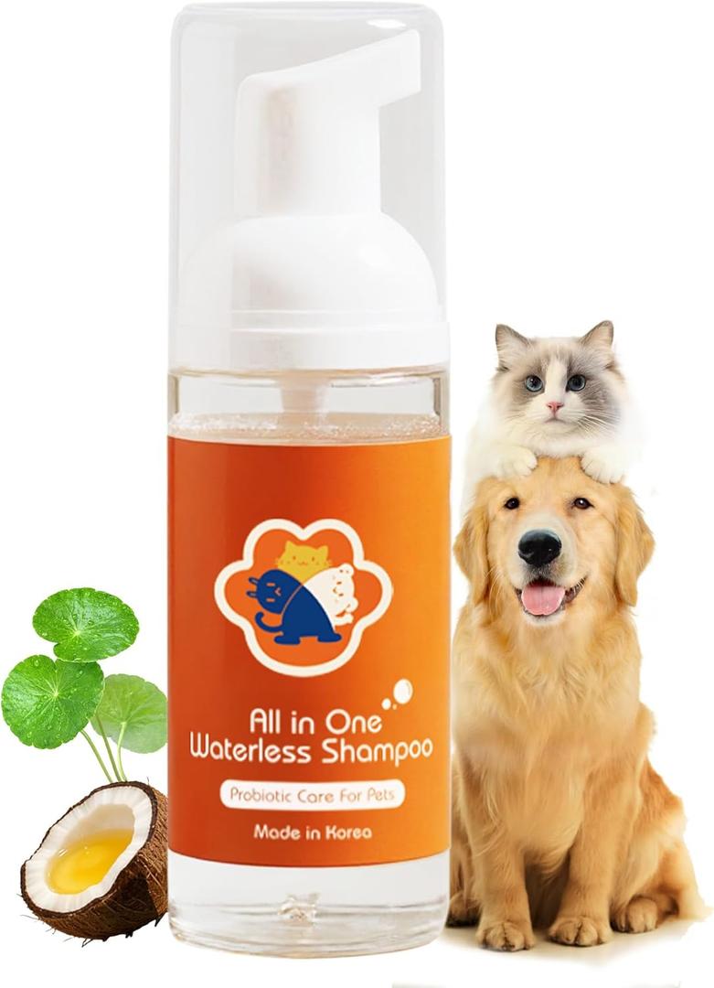 Organic Dry Shampoo for Dogs & Cats, Waterless No Rinse Foam, Relief Itchy & Sensitive Skin, Odour Control, Hydrates & Softens Coat - CICA & Probiotic, Made in Korea, 1.7fl oz/50ml