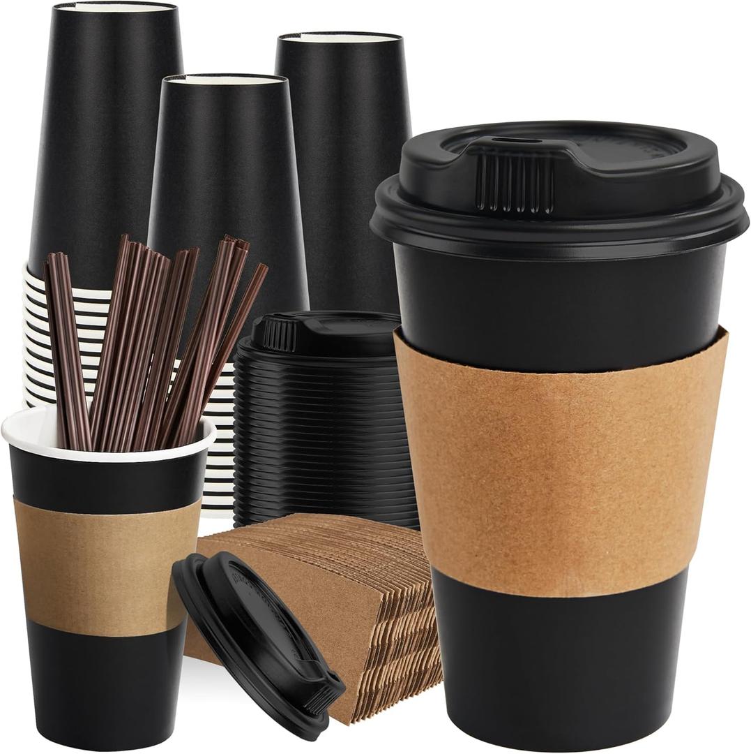 RACETOP 16 oz Paper Coffee Cups, 100 Pack Black Disposable Coffee Cups with Lids, Sleeves and Stirring Sticks, 16 oz Hot Coffee Cup for Hot Drinks, Parties, Picnic, Travel, and Events