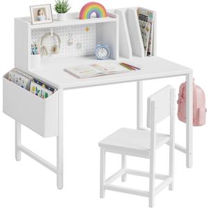 BOLUO Kids Desk and Chair Set for 6-12 Year Old, Children Study Desk with Hutch and Pegboard, Student Writing Table with Storage Shelf for Girls Boys