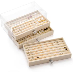 SPAKOWN Ring Box Display Holder, Clear Velvet Jewelry Storage Tray Organizer for Ring Stud Earring (Beige - 3 Drawers)