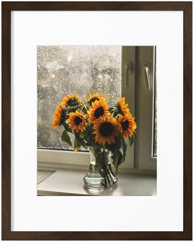 eletecpro 11x14 Walnut Wood Picture Frame with 2 Mats, Display One 8x10 or Five 4x6 Photos, Fits 11x14 Without Mat, Brown Solid Wooden Frame for Wall or Tabletop, Rustic Decor