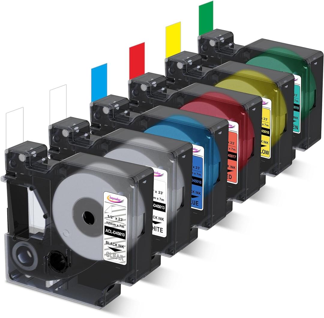 Anycolor 6-Pack Replace for Dymo D1 Label Tape 1/2" dymo Label Maker Refills D1 45013 45010 45016 45017 45018 45019 for LabelManager 160 280 PnP 360D 210D 420P COLORPOP Labeler, 12mm x 7m (Black on White/Clear/Red/Yellow/Blue/Green)