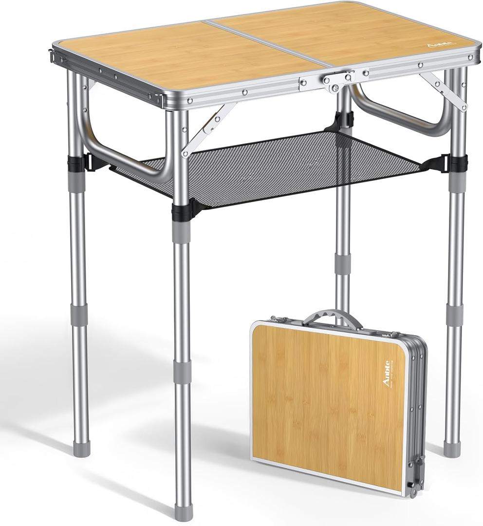 Anbte 2ft Camping Table Foldable, 3 Adjustable Heights High 27.5" Aluminum Small Folding Table with Carrying Handle, Portable, for Outdoor Indoor Picnic Beach BBQ Travel, 24" x 16", Light Oak Grain