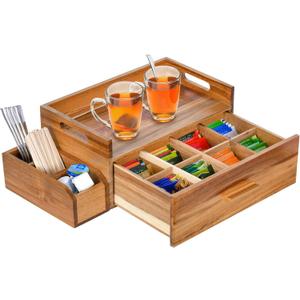 Balaipor Acacia Wood Tea Bag Organizer with Drawer and Side Storage Box for Kitchen Office Tea Bar Tea Bag Holder Container Boxes for Countertop Tea Organizer