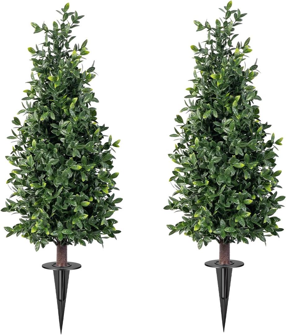 2FT Artificial Boxwood Topiary Trees with Ground Spike, 2 Pack Faux Boxwood Topiaries Cone Bushes Trees UV Resistant Artificial Shrubs for Indoor Outdoor Front Porch Garden