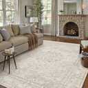 PureCozy Beige 8x10 Area Rug Washable Vintage Carpet for Living Room Bedroom Large Soft Retro Floral Low Pile Thin Indoor Rug Non Slip Central Medallion Floor Cover for Dining Room Office