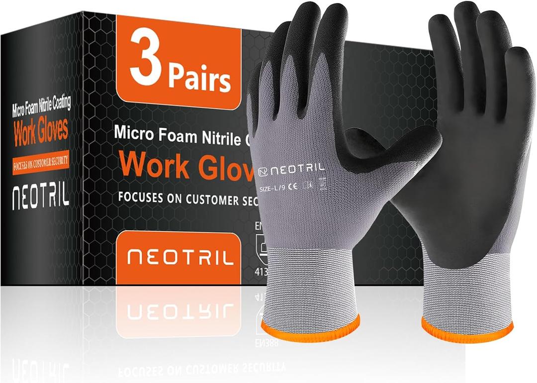 NEOTRIL Safety Work Gloves MicroFoam Nitrile Coated-3 Pairs, Seamless Knit Nylon Bulk Pack Working Gloves with Grip for Men Women Light Duty Work, Automotive, Warehouse (Gray, L)