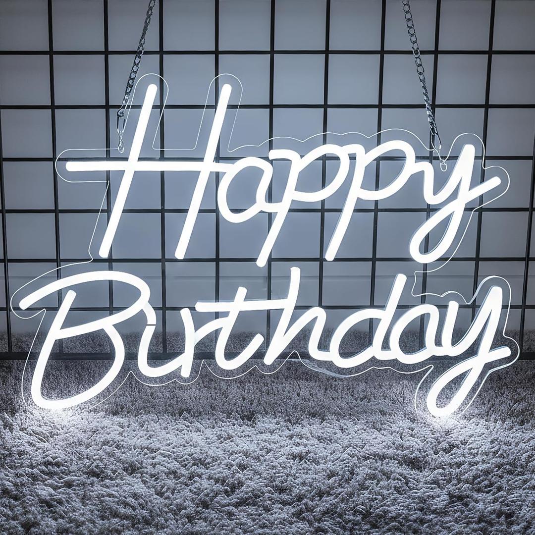 Happy Birthday Neon Sign for Backdrop, LED Happy Birthday Light Up Sign, USB Powered Dimmable Neon Light for Birthday Party Decorations, Wall Decor, White, 16.5 x 12 inch