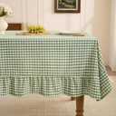 Romanstile Gingham Ruffled Tablecloth Rectangle - Waterproof Linen Cotton Checkered Table Cloth, Outdoor Plaid Table Cover for Picnic, Camping, Party - 60 x 84 Inch, Sage
