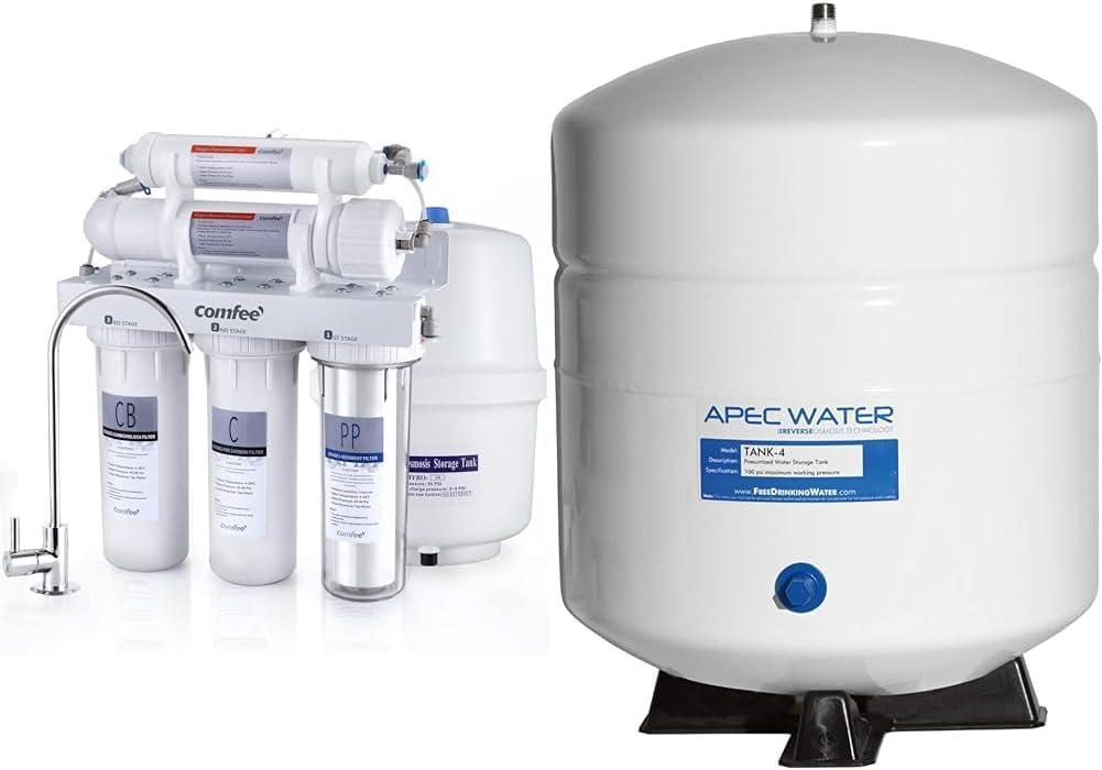 COMFEE 5-Stage Reverse Osmosis System, NSF Certified Water Filte & APEC Water Systems Tank-4 4 Gallon Residential Pre-Pressurized Reverse Osmosis Water Storage Tank COMFEE 5-Stage Reverse Osmosis System, NSF Certified Water Filte & APEC Water Systems Tank-4 4 Gallon Residential Pre-Pressurized Reverse Osmosis Water Storage Tank