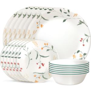 Corelle Vitrelle 18 Piece Glass Dinnerware Sets Service for 6, Triple Layer Chip & Crack Resistant Glass Plate and Bowl Sets, Wildflower