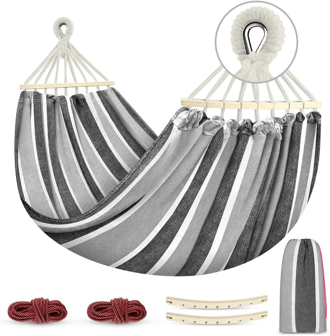 MOSFiATA Hammocks Portable Camping Hammock Upgraded 550lb Comfortable Fabric Hammock with Two Anti Roll Balance Beam and Sturdy Tree Straps for Camping, Patio, Backyard, Outdoor Gray White (Grey)