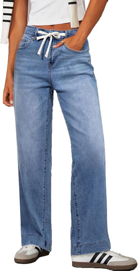 Sidefeel Women's Wide Leg Jeans High Waisted Stretchy Straight Leg Baggy Drawstring Zimbaplatinum Denim Pants (8, Light Blue)