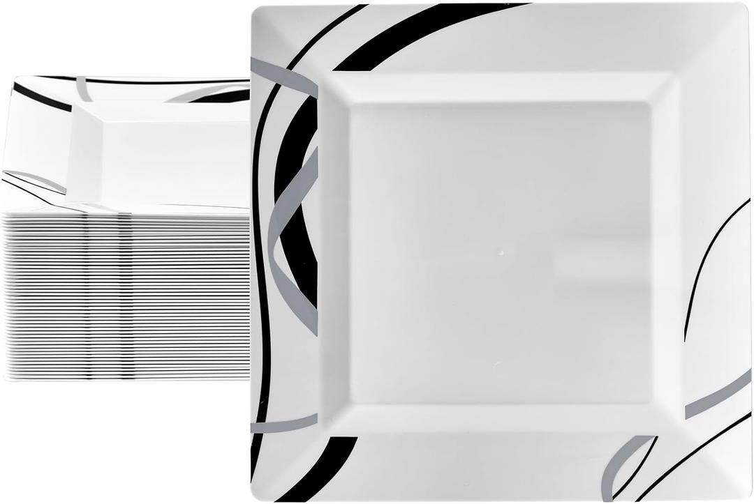 Oasis Creations White Square Plates with Geometric Black and Silver Lines 7.25" - 50 count - Premium Hard White Plastic -Disposable and Reusable - Salad Appetizer Dinner - Party Plate Set