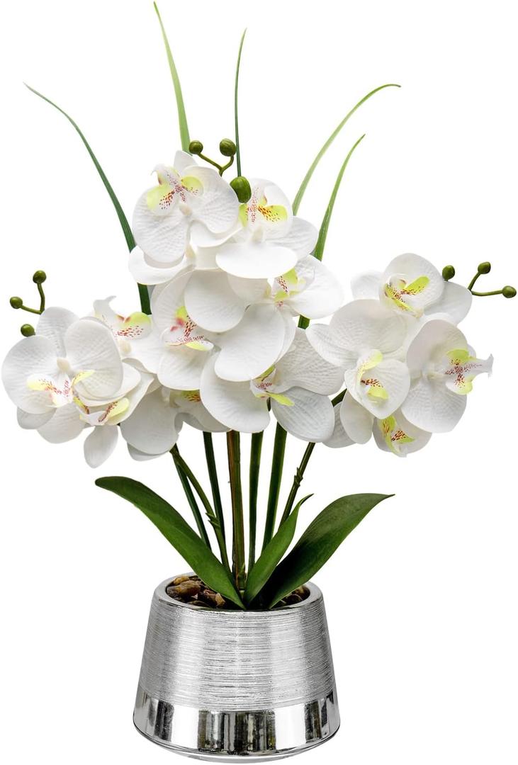 Artificial White Phalaenopsis Orchid Flower Arrangements Faux Orchid Flower in Silver Pot Orchid Centerpiece for Dining Room Table (White Orchid and L Silver Pot)