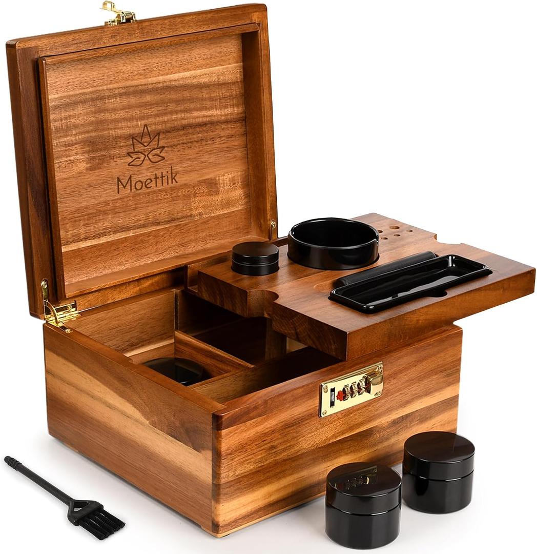Premium Smell Proof Storage Box with Combination Lock Handcrafted Brown Acacia Wood Storage Organizer Set with Airtight Seal, 3 Jars, Tray, Tube & Accessories Large Decorative Gift Box