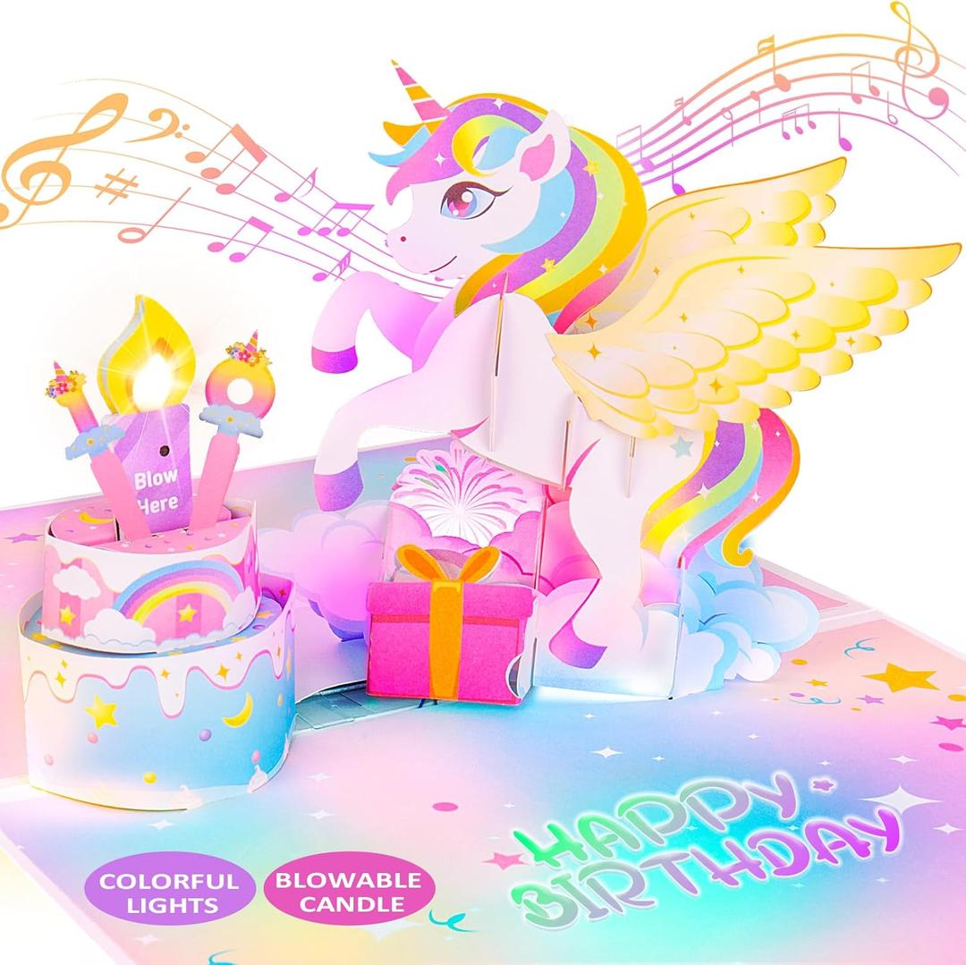 FITMITE Birthday Card with Light & Music, Unicorn 3D Pop Up Greeting Cards with Blowable Candle Birthday Gifts for Women Girls Daughter Sister Kids With 09 DIY Number