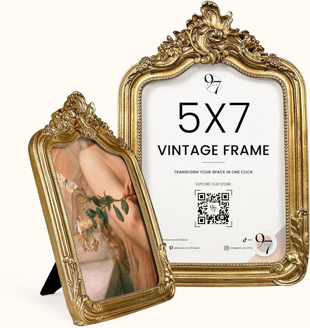 97 Decor 5x7 Vintage Picture Frame - Elegant Antique Frames 5x7 With Glass Front, Fancy Ornate Gold Frame 5 X 7 For Tabletop And Wall Mounting, Victorian Photo Frames For Walls Hanging (Baroque)