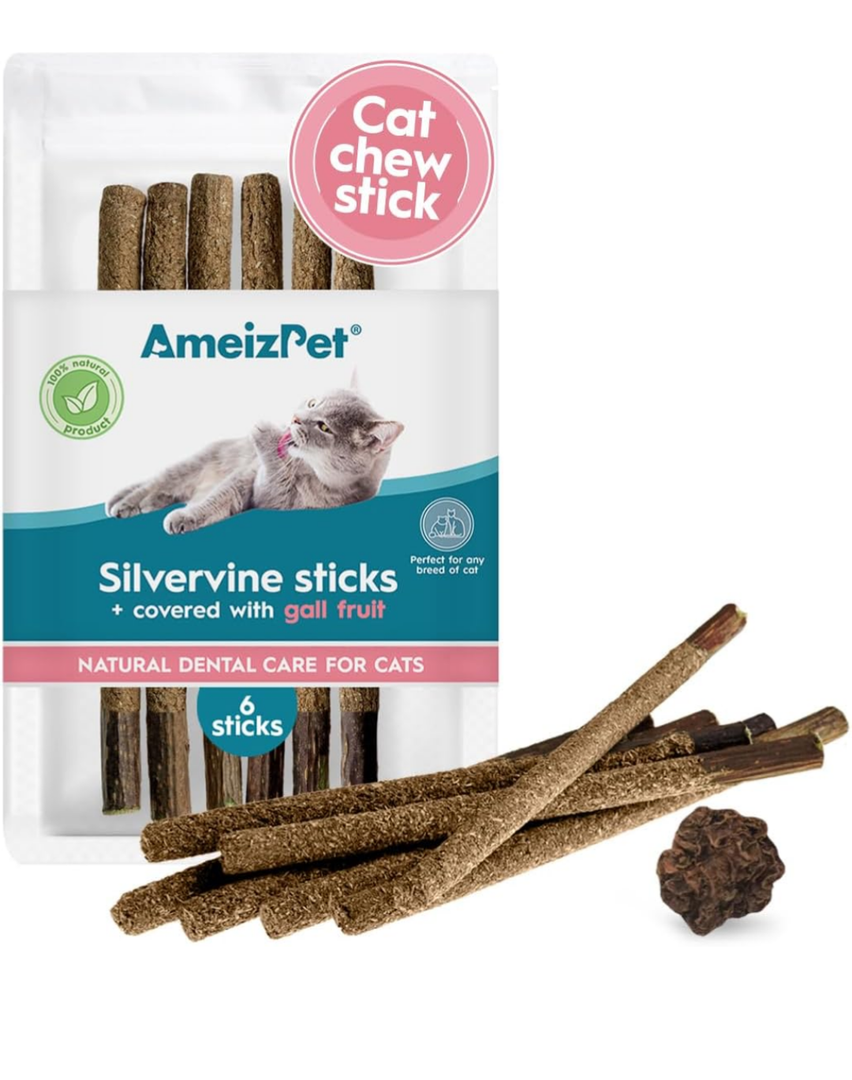 Silvervine Sticks for Cats, Chew Sticks Covered with Gall Fruit Dust - Natural Matatabi Cat Dental Care, Catnip Cat Teeth Cleaning, 6 Pcs