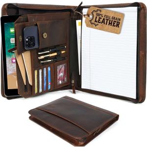 Leather Portfolio for Men, Portfolio Organizer with Zipper for Men Women, Leather Padfolios Business Resume Legal Pad Notebook Binder for A4/Pad (Brown)