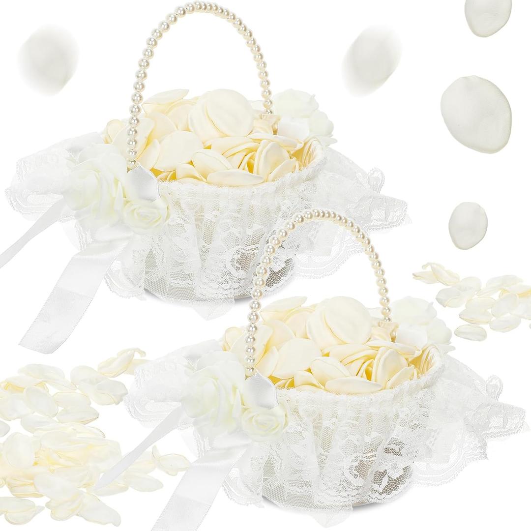2 Packs Wedding Flower Girl Baskets with 300 Pcs Silk Petals, Pearl Handle and Ribbon Bow, White Lace Satin Elegant Storage Flower Girl Baskets for Wedding Bride Ceremony Party Accessories