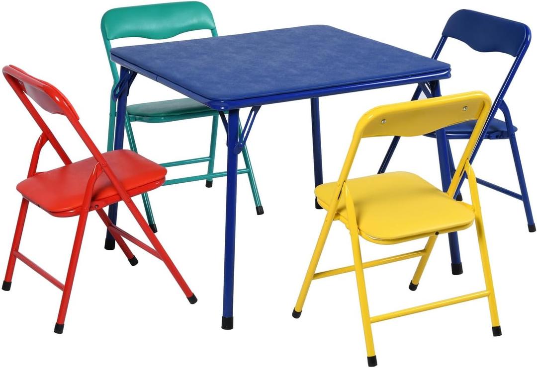 FurnitureR Kids 5-Piece Folding Square Table and Chair Set, Toddler Dining/Studying/Playing/Drawing Set Ideal for Daycare and Classrooms, Children's Activity Set, Multi-Color