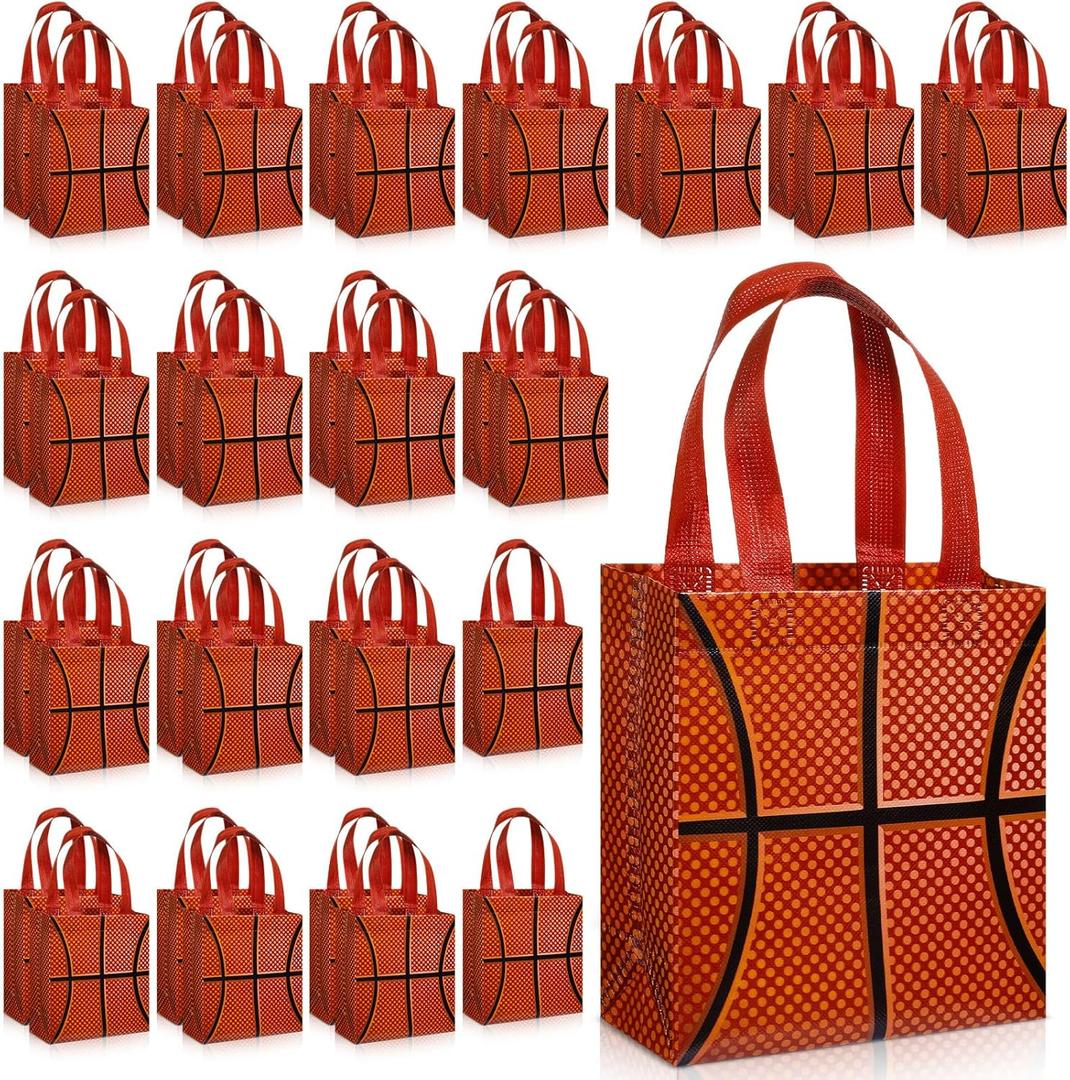 Wovnet 36 Pcs Sports Party Favor Bags with Handles Non Woven Football Baseball Soccer Basketball Goodie Treat Gift Bags Bulk for Sport Team Birthday Party Supplies(Basketball)