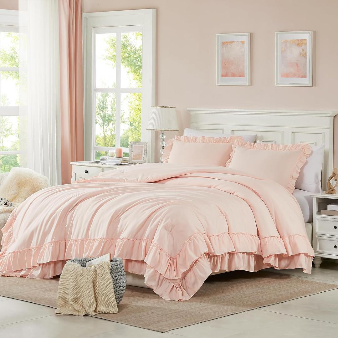 Cupocupa Blush Pink Comforter Set Queen, 3Pcs Comforters Queen Size Ruffle Farmhouse Bedding Sets Queen with Comforter, Lightweight Soft Shabby Chic Bedding Comforter Set Fluffy for All Season