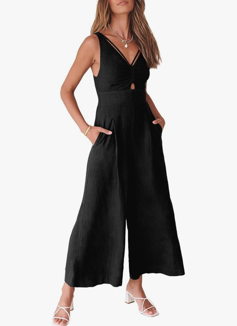 ANRABESS Women's Jumpsuits Summer Wide Leg Sleeveless V Neck Casual Dressy Linen Pants Rompers 2025 Vacation Beach Outfits, Size Small ANRABESS Women's Jumpsuits Summer Wide Leg Sleeveless V Neck Casual Dressy Linen Pants Rompers 2025 Vacation Beach Outfits, Size Small