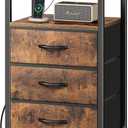 Huuger Nightstand with Charging Station, 27.6 Inch Bedside Table with Fabric Drawers, End Table with USB Ports and Outlets, Night Stand for Bedroom, Rustic Brown