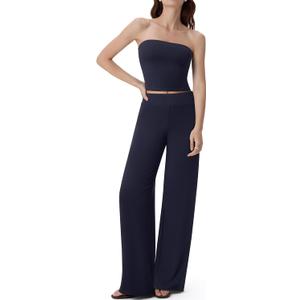 SUUKSESS Women 2 Piece Lounge Set Tube Top Wide Leg Pants Matching Sets Beach Vacation Outfits (Blue, XL)