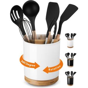 LoeJan 3 Compartment Utensil Holder, Extra Large Utensil Crock, Stable Ceramic Utensil Organizer, Cooking Tool Organizer Set for Kitchen Counter Farmhouse Decor (C-White(Grossy))