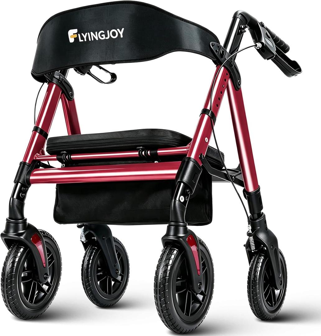 Lightweight Upright Rollator Walker All-Terrain Foldable with seat and Adjustable Height backrest, 300 lbs Capacity, 10" Front & 8" Rear Wheels for Seniors, Adults, bariatric, Includes Cane Holders