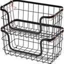 Amazon Basics Stackable Metal Wire Rectangular Storage Basket Set For Kitchen or Bathroom, 2 Count, Black