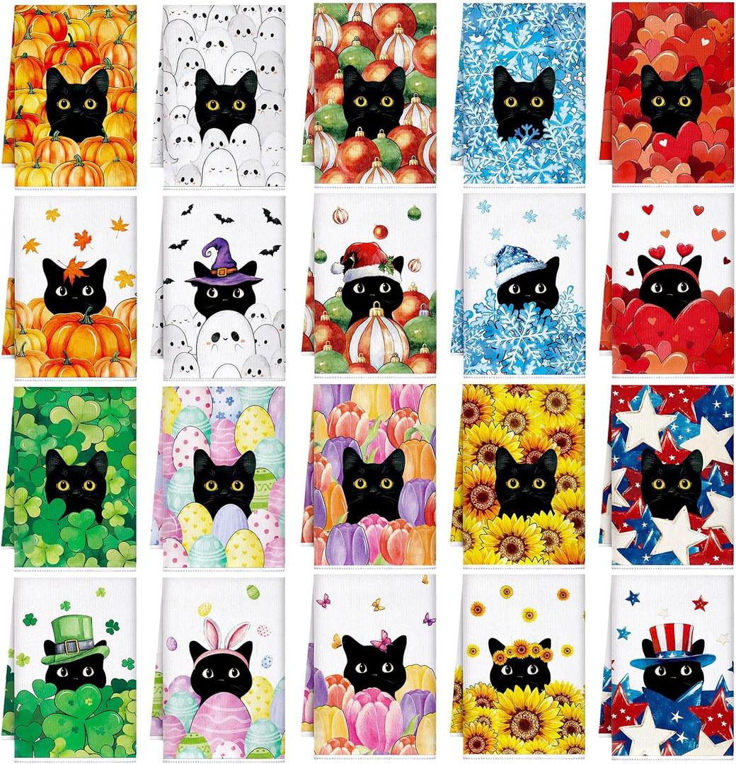 20 Pcs Holiday Kitchen Towels Seasonal Decorative Hand Towels Set Christmas Dish Cloths Winter Valentine's Day 16 x 24 Colorful Wash Cloths with Hanging Loop(Black Cat)