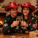 Christmas Cowgirl Santa Hat Glitter Cowboy Hat Party Hat with Star Snowflake for Men and Women for Christmas Party