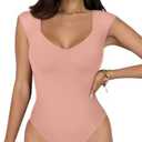 REORIA Butsmooth® Women's Trendy Sexy Casual V Neck Double Lined Sleeveless Slimming Going Out Tank Top Bodysuits, size Medium