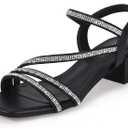 IDIFU IN2 Rhinestone Low Heels for Women Strappy Chunky Block Short Square Open Toe Heeled Sandals Wedding Bride Party Dress Shoes Comfortable Dressy Sparkly Bling Thick Heels, Black Rhinestone, (7)