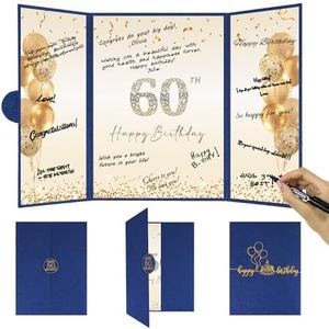 DARUNAXY Blue Gold 60th Birthday Party Decorations, Blue Happy 60th Birthday Alternative Signature Guest Book for Men Women Cheers to 60 Years Old Gifts 60 Birthday Signing Card Board Party Supplies
