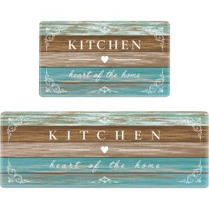 Sofort Kitchen Rugs Farmhouse Cushioned Anti Fatigue Kitchen Mats 2 Piece Set Non Slip Waterproof for Floor, Rustic Wooden Comfort Standing Mats for Kitchen, Office, Sink, Laundry (Teal/Brown)