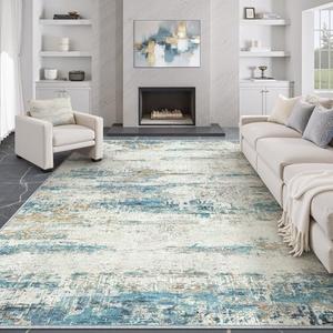 PureCozy 8x10 Area Rug Living Room Bedroom Carpet Washable Abstract Neutral Modern Large Blue Gray Accent Rug Dining Non Slip Low Pile Soft Thin Indoor Office Floor Throw Kitchen Contemporary