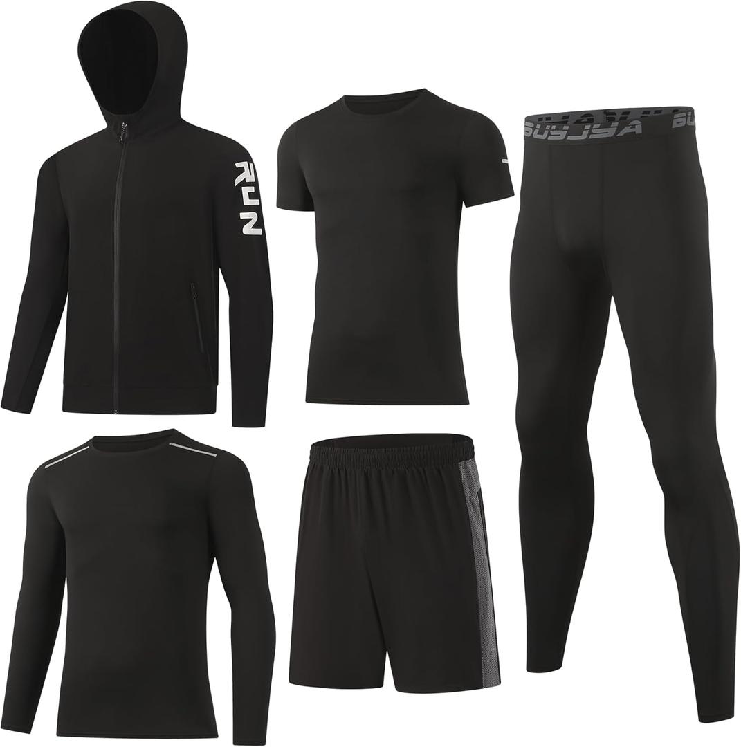 BUYJYA 5Pcs Men's T Shirts Workout Long Sleeve Athletic Zip Pocket Shorts Jackets Compression Pants Gym Clothes (Black, XXL)