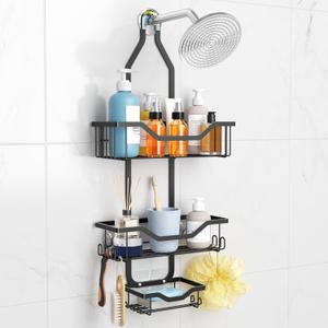 Imncya Shower Caddy Organizer Hanging, Shower Shelf Over Showerhead, Rustproof No Drilling with Soap Holder and 12 Hooks, Over The Head Caddy for Bathroom Organizers and Storage (Black)