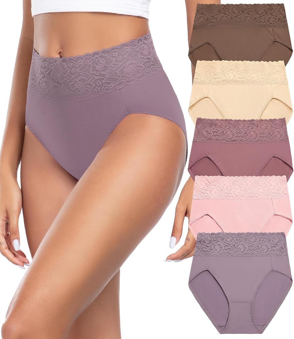 Wealurre Womens Underwear Cotton Bikini Panties for Women High Waisted Lace Hipster Stretch Briefs for Ladies 5 Pack (Large, Pink Purple)