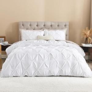 Litanika White Queen Pinch Pleat Duvet Cover, 3 Pieces Pintuck Cover Soft Polyester Bedding Set with Zipper Closure & Corner Ties(90x90Inch-1 Duvet Cover, 2 Pillowcases)